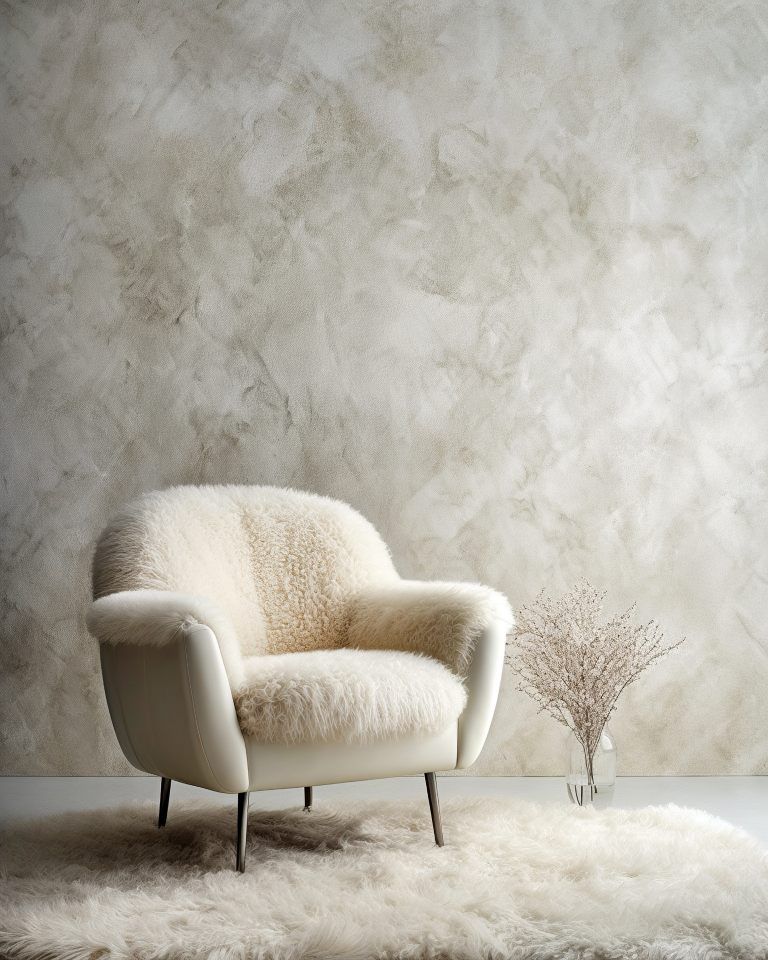 Fluffy Fur Sheepskin Lounge Chair On Shaggy Rug Against Venetian