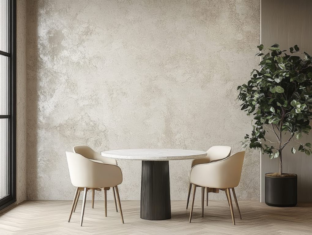 Minimalist Dining Room With Round Table And Beige Textured Walls