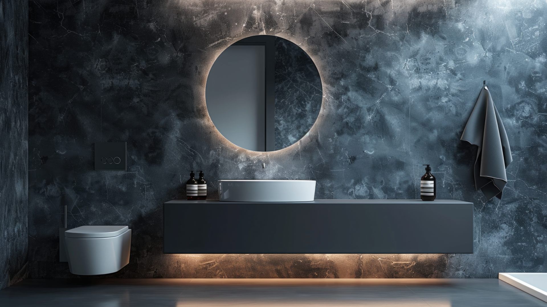 Modern Bathroom With Venetian Plaster Walls, Floating Countertop, Luxury Details