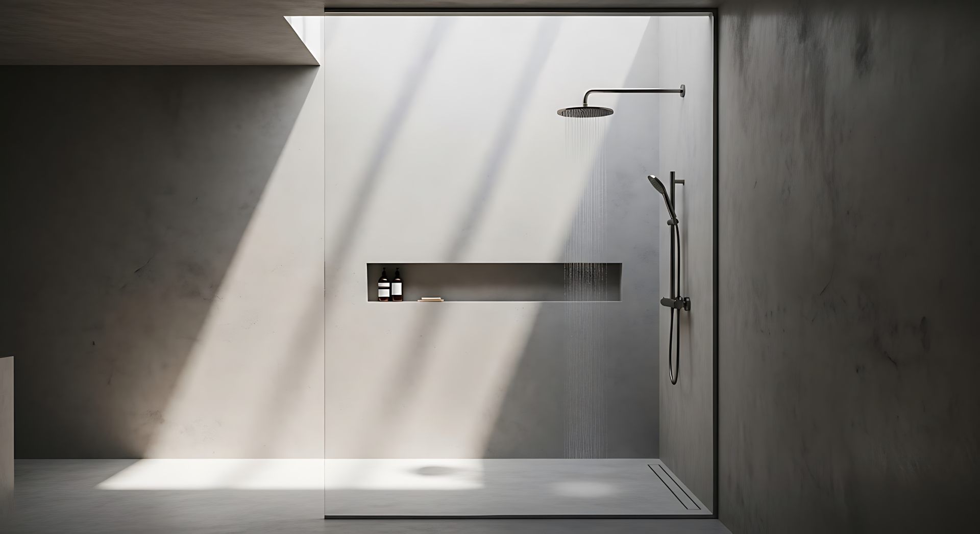 Sunlit Minimalist Walk In Shower With Concrete Walls And Black Rain Shower Head